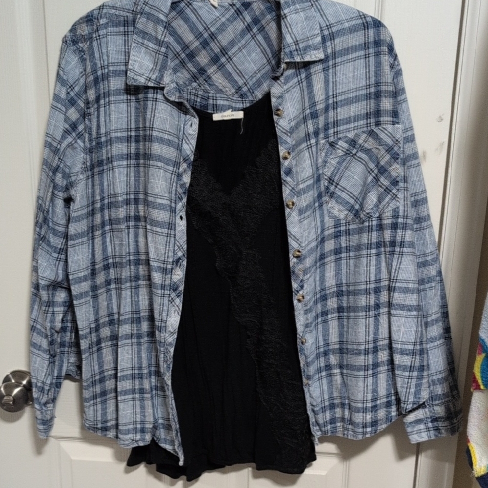 Maurices Blue Plaid Shirt with Black Top